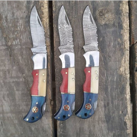KBS Knives Deal of 3 Texas Flag Handle Folding Pocket Knives with Bone and Exotic Blue and Red Wood Handles and Leather Case by KBS Knives Store