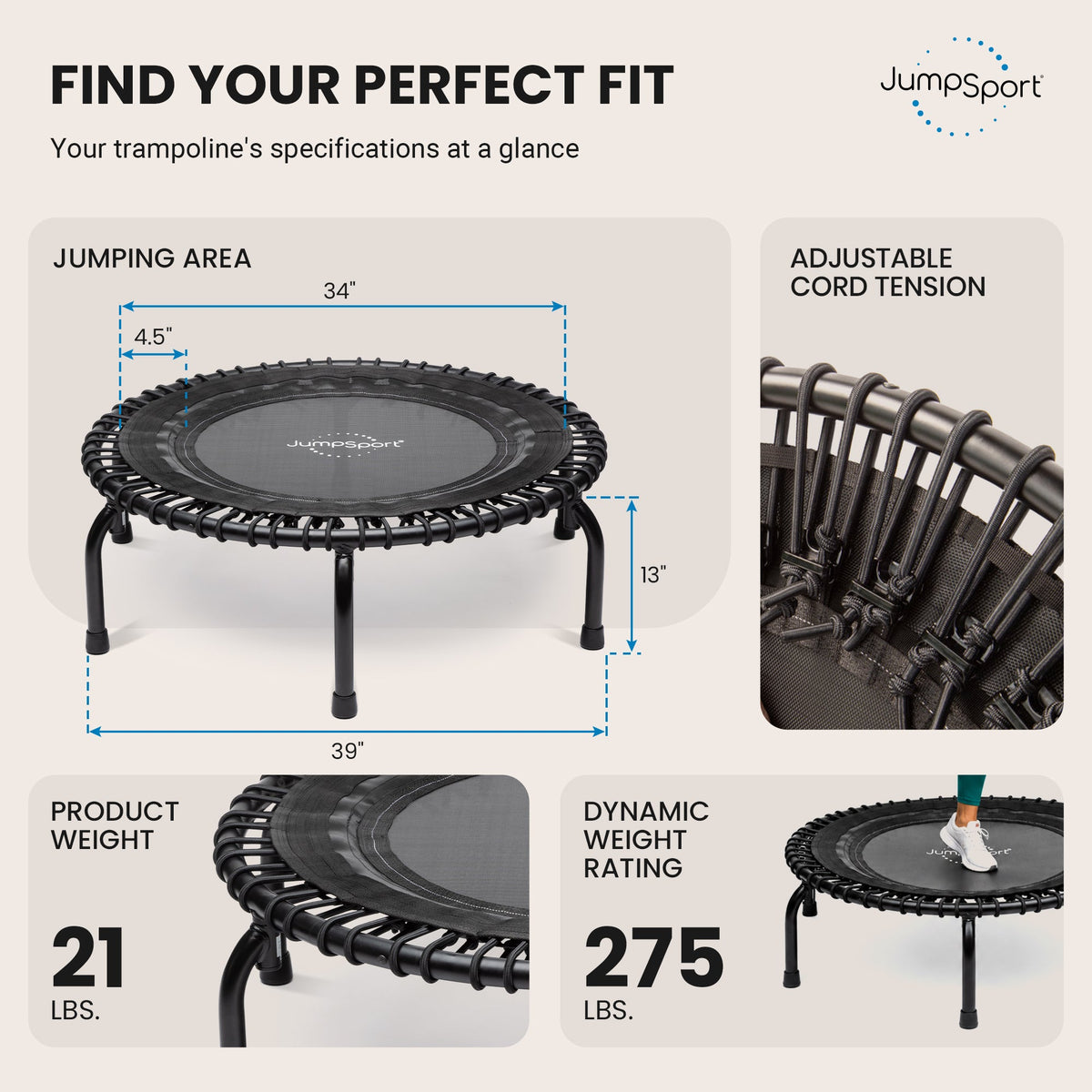 JumpSport 350 Indoor Lightweight 39" Fitness Trampoline, Black w/White Frame