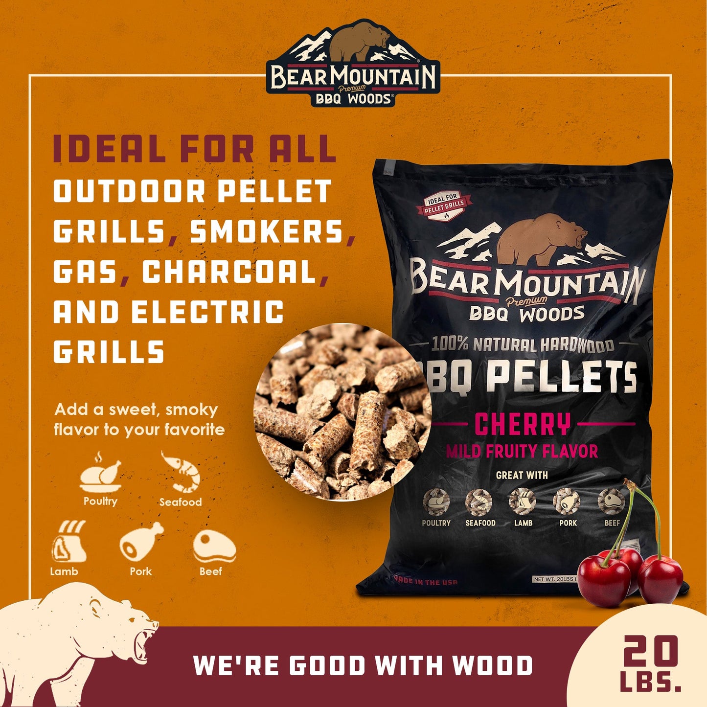 Bear Mountain BBQ All Natural Hardwood Cherry Smoker Pellets, 20 lbs (3 Pack)