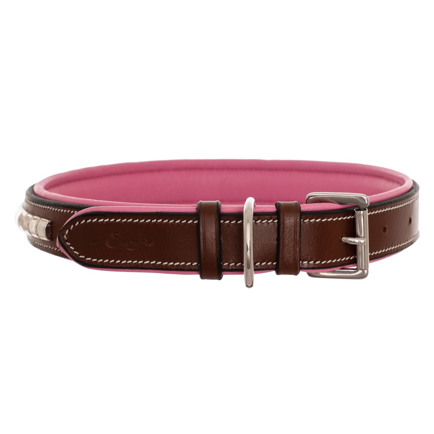 Bridles & Reins ExionPro Silver Clincher Padded Leather Dog Collar - Pink Padding