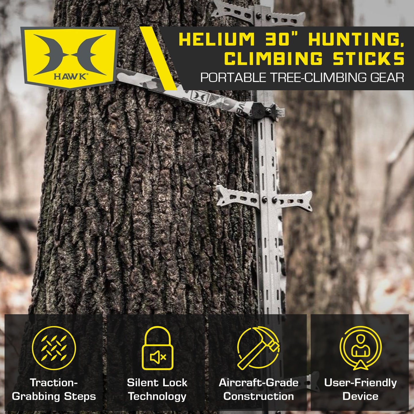 Hawk COMBAT Hang On Hunting Tree Stand & Set of 3 Helium Climbing Sticks w/Steps