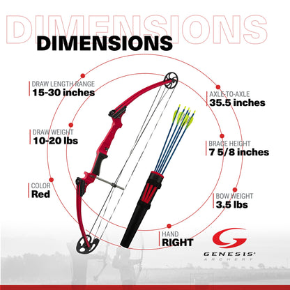 Genesis Original Archery Compound Bow with Adjustable Sizing, Right Handed, Red