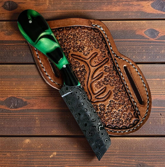 Frontier Cowboy Gear The Prairie Fire – Custom Handmade Damascus Steel Bull Cutter Knife with Epoxy Resin Handle & Leather Sheath