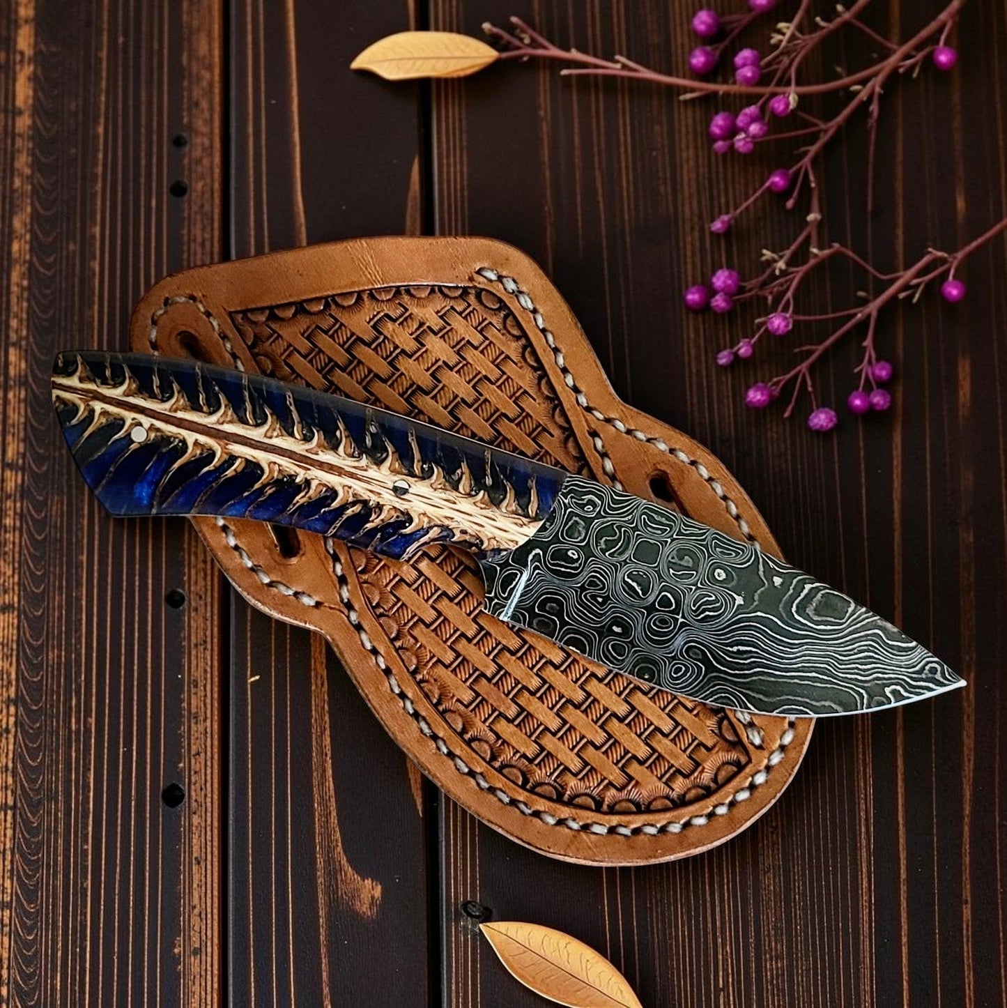 Frontier Cowboy Gear The Blue Norther – Custom Handmade Raindrop Damascus Steel Knife with Blue Epoxy Pine Cone Resin Handle & Leather Sheath