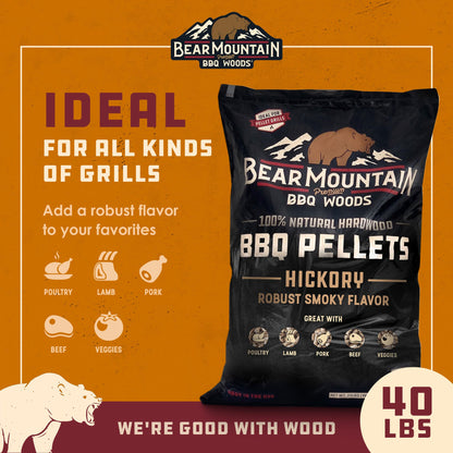 Bear Mountain BBQ Premium All-Natural Hardwood Hickory Smoker Pellets, 40 Pounds
