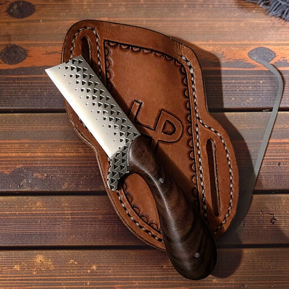 Frontier Cowboy Gear The Rustler – Custom Handmade Farrier Rasp Steel Bull Cutter Knife with Burl Rosewood Handle & Leather Sheath