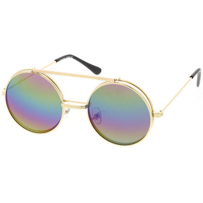 zeroUV Retro Round Steampunk Mirrored Lens Flip Up Sunglasses 8966