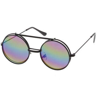 zeroUV Retro Round Steampunk Mirrored Lens Flip Up Sunglasses 8966