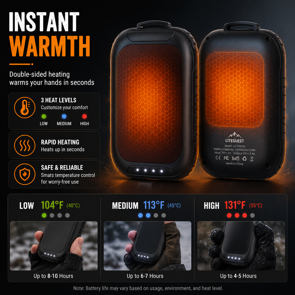 LITEGUEST Waterproof 2-in-1 Heated Hand Warmer & Power Bank with Light