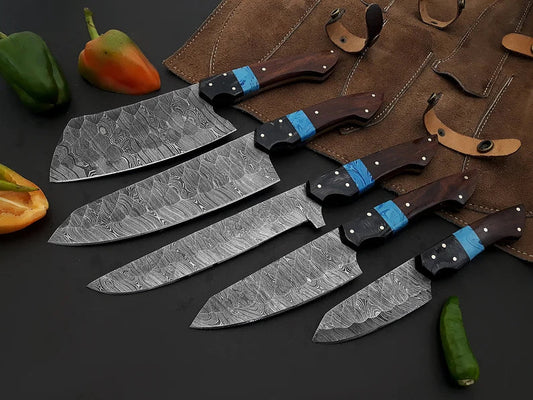 Texan Knives Best Chef Knives Sets – 13" Damascus Steel Blade with Wenge Resin Handle & Leather Sheath