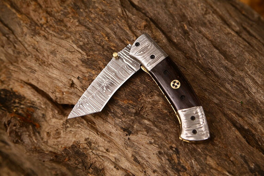 KBS Knives Custom Handmade Damascus Steel Tanto Blade EDC Folding Pocket Knife | 3-Inch Blade, Wenge Wood Handle, Leather Case | Groomsman Gift