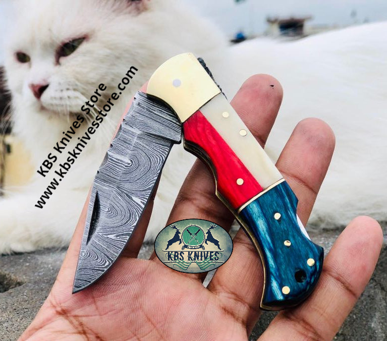 KBS Knives US Texas Flag Folding Pocket Knife with Blue and Red Exotic Wood and Bone Handle, 3 Inches Blade Length and Leather Case