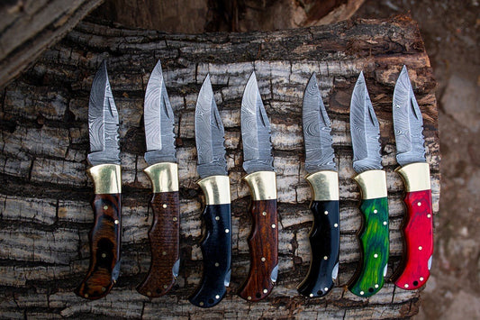 KBS Knives Deal of Damascus Handmade Custom 7 Folding Pocket Knives with Different Color Wood Handles, 3-inch Blade Length