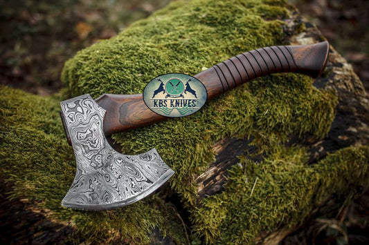 KBS Knives Custom Hammered Damascus Steel Viking Tomahawk
