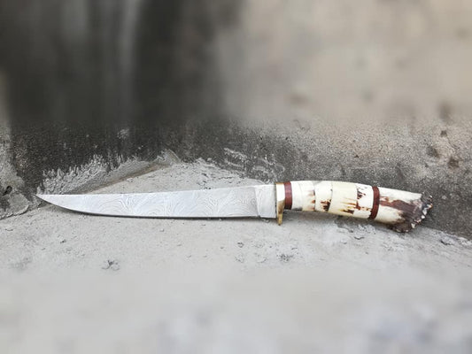 KBS Knives Damascus Steel Handmade Fillet Boning Knife with Stag Horn, Bone and Brass Finger Guard Handle, 12-Inch Overall Length