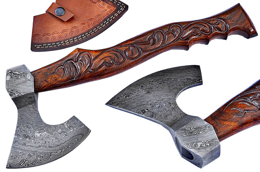 KBS Knives Handmade Custom Viking Beard Axe with Hand-Engraved Rosewood Handle and Damascus Steel Blade, with Leather Sheath by KBS Knives Store