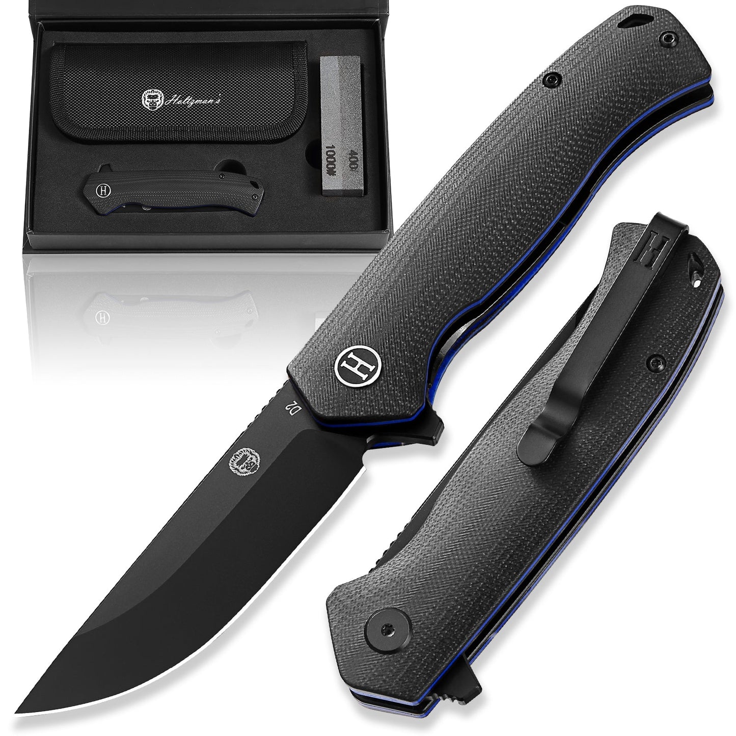 Holtzman's Gorilla Survival The Pathfinder Folding Pocket Holtzman's Gorilla Survival Knife Giftset for Men and Women (Black and Blue)