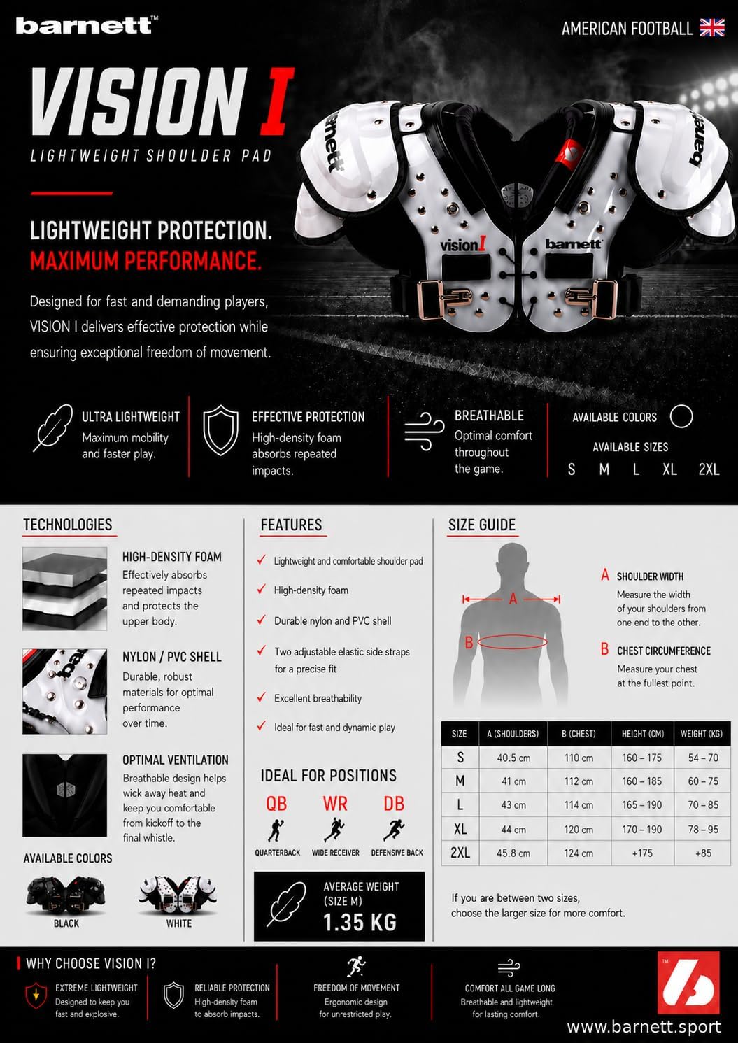 Barnett VISION I Football shoulder pad QB-WR-DB