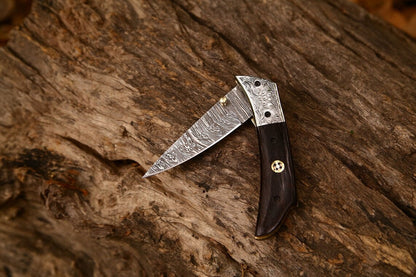 KBS Knives Hand Engraved Custom Damascus Steel EDC Folding Pocket Knife | 3-Inch Blade, Wenge Wood Handle, Leather Case | Anniversary Gift Idea