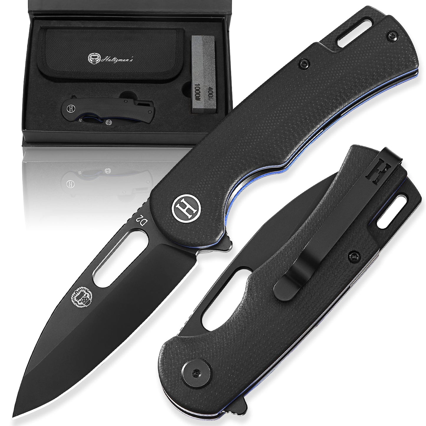 Holtzman's Gorilla Survival The Venture Point Folding Pocket Knife Giftset for Men and Women (Black and Blue)