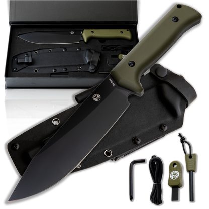 Holtzman's Gorilla Survival The Congo D2 Steel Bushcraft Survival Knife Gift Set (Black Blade + Green Handle)