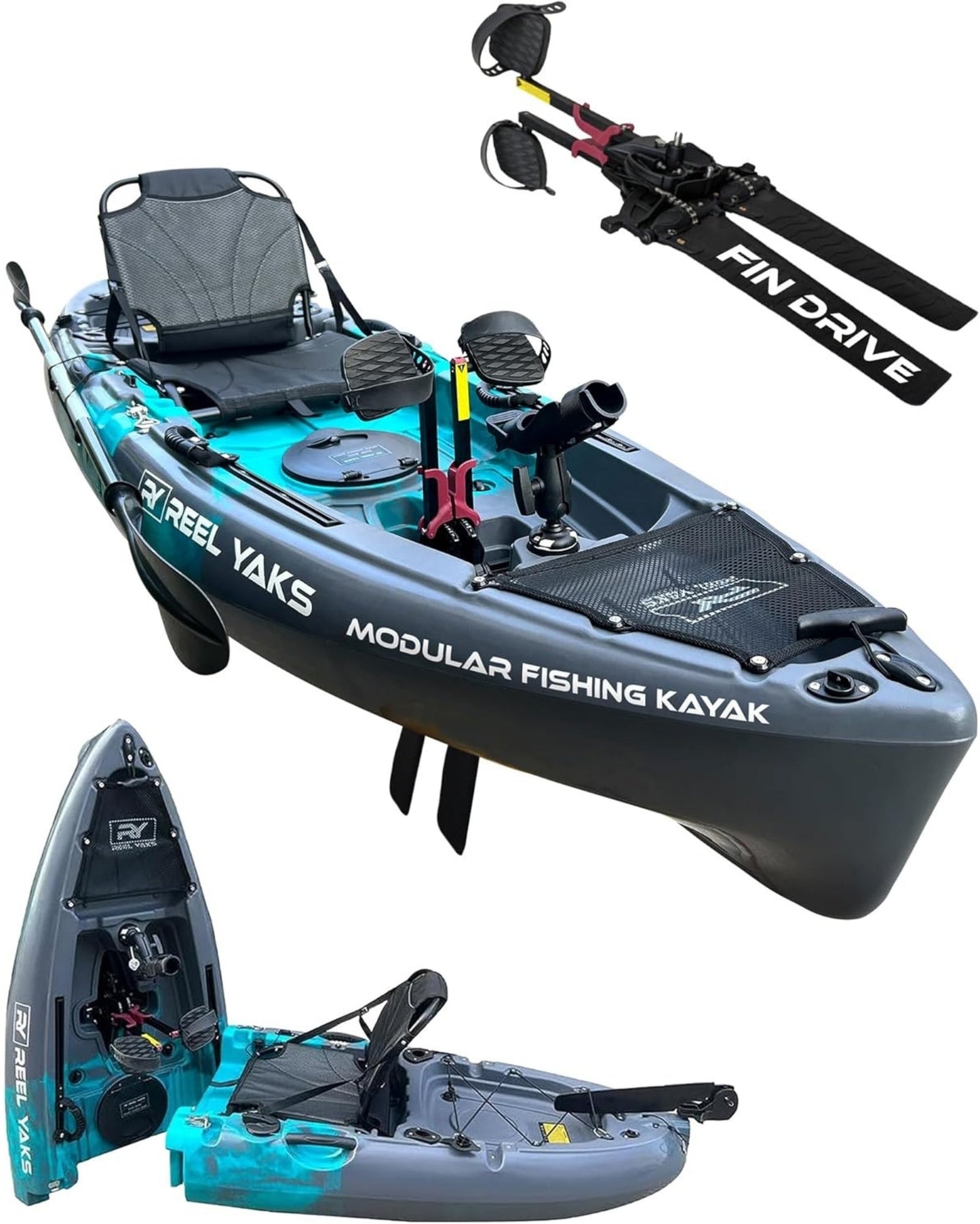 ReelYaks 9.5ft Raptor Modular Fin Drive Pedal Fishing Kayak | 380lbs Capacity | 2 Piece