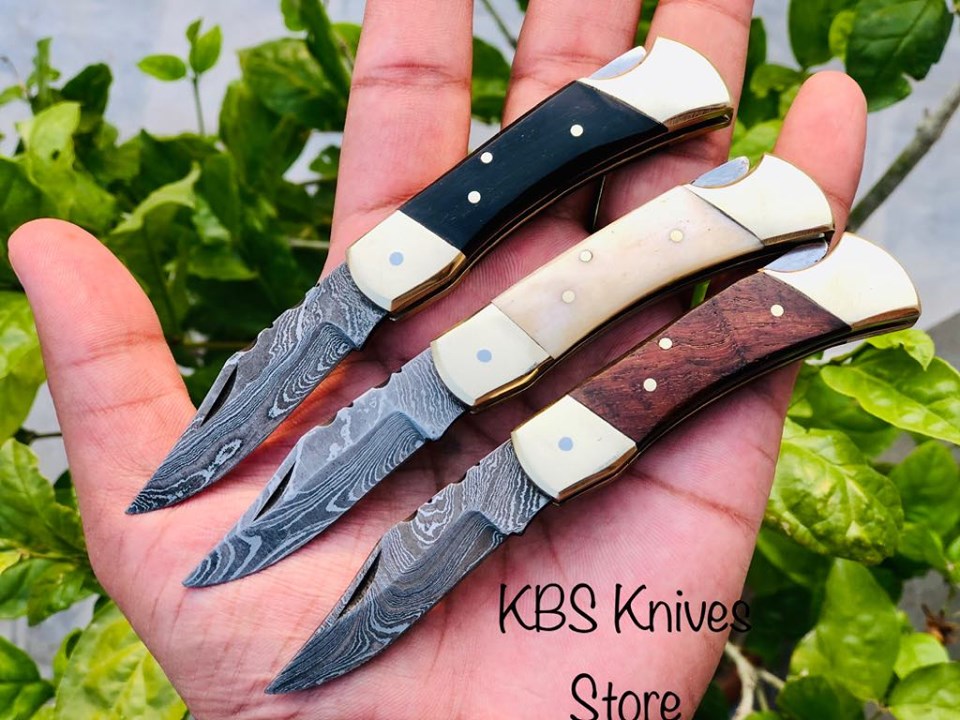 KBS Knives Deal Of 3 Premium Damascus Steel Folding Pocket Knife Set - Exquisite Utility Knives with Buffalo Horn,Bone and Rosewood Handles