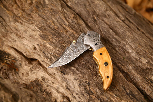 KBS Knives Custom Handmade Damascus Steel EDC Folding Pocket Knife | 3-Inch Blade, Colored Bone Handle, Leather Case | Ideal Gift for Any Occasion by KBS Knives
