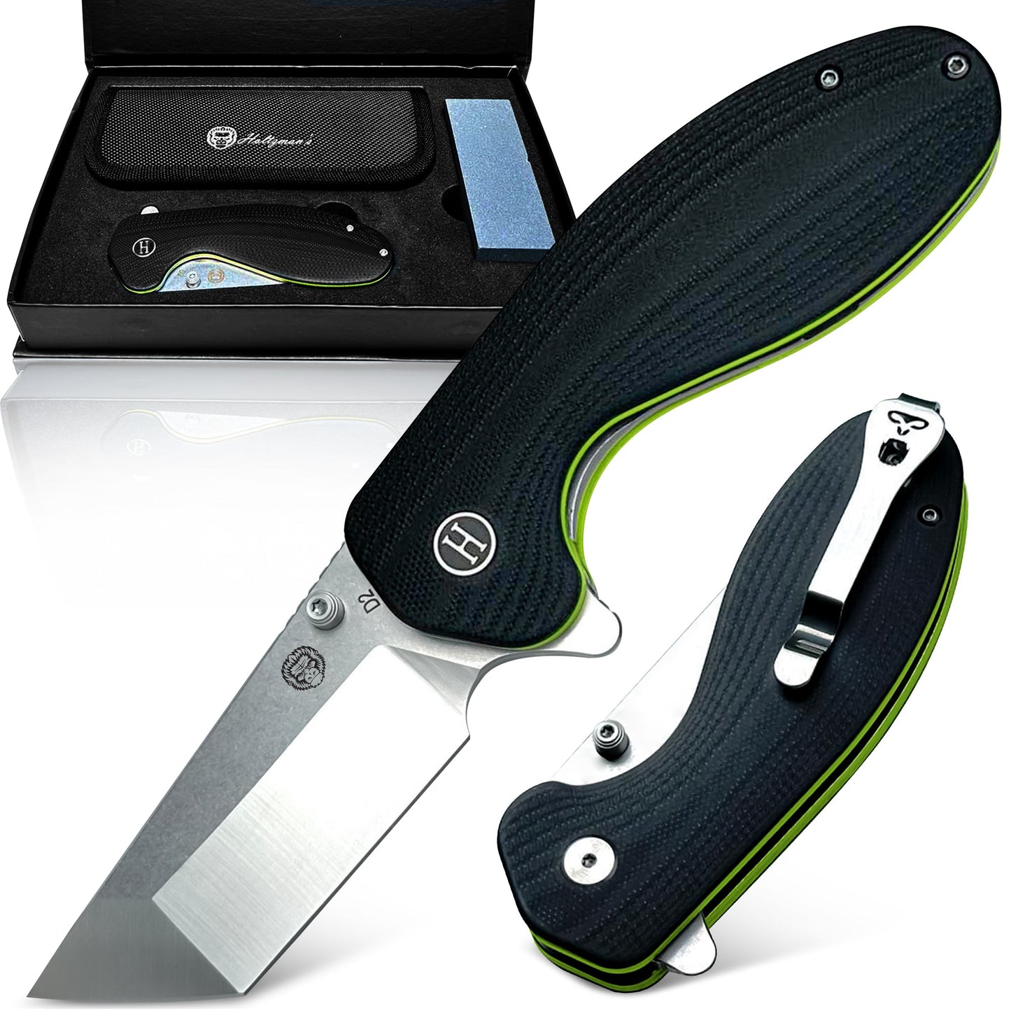 Holtzman's Gorilla Survival The Clip Point, Straight Back, Pioneer Folding Pocket Knife Giftset Combo (Silver and Green)