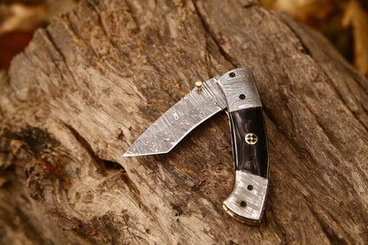 KBS Knives New Custom Handmade Damascus Steel Tanto Blade EDC Folding Pocket Knife | 3-Inch Blade, Buffalo Horn Handle, Leather Case | Perfect Gift by KBS Knives