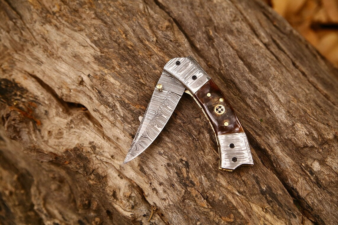 KBS Knives Custom Handmade Damascus Steel EDC Folding Pocket Knife – 3-Inch Blade, Sheep Horn Handle, Leather Case – Perfect Wedding Gift by KBS Knives