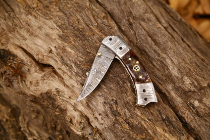 KBS Knives Custom Handmade Damascus Steel EDC Folding Pocket Knife – 3-Inch Blade, Sheep Horn Handle, Leather Case – Perfect Wedding Gift by KBS Knives