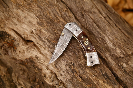 KBS Knives Custom Handmade Damascus Steel EDC Folding Pocket Knife – 3-Inch Blade, Sheep Horn Handle, Leather Case – Perfect Wedding Gift by KBS Knives