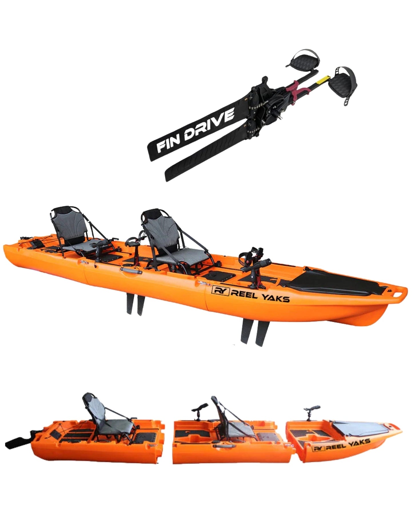 ReelYaks 13.8ft Rocket Fin Drive Tandem & Solo Modular Fishing Kayak | Fin Drive | 550lbs Capacity | 3 Piece