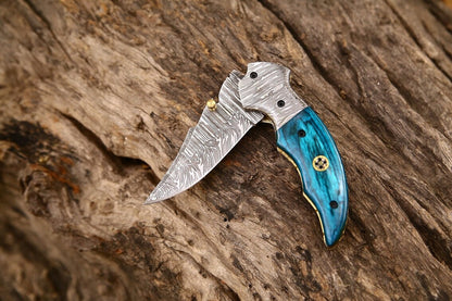 KBS Knives Custom Handmade Damascus Steel EDC Folding Pocket Knife – Exotic Wood Handle, 3-Inch Blade, Leather Case – Ideal Wedding Gift