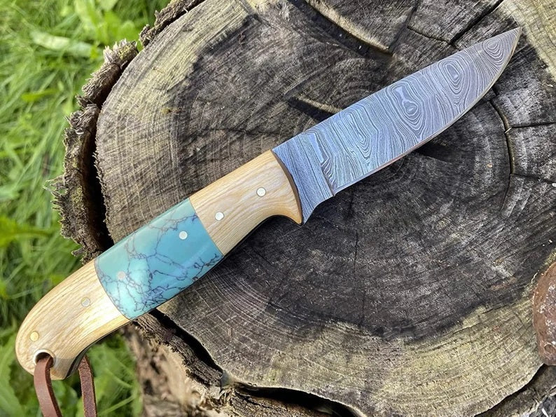 KBS Knives Handcrafted Damascus Hunting Knife with Olive Wood and Resin Handle by KBS Knives Store