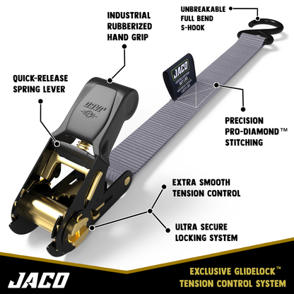 Jaco Tie Down Ratchet Straps (4 Pack) - 1 in x 15 ft | AAR Certified Break Strength (1,823 lbs) | Cargo Tie Down Set