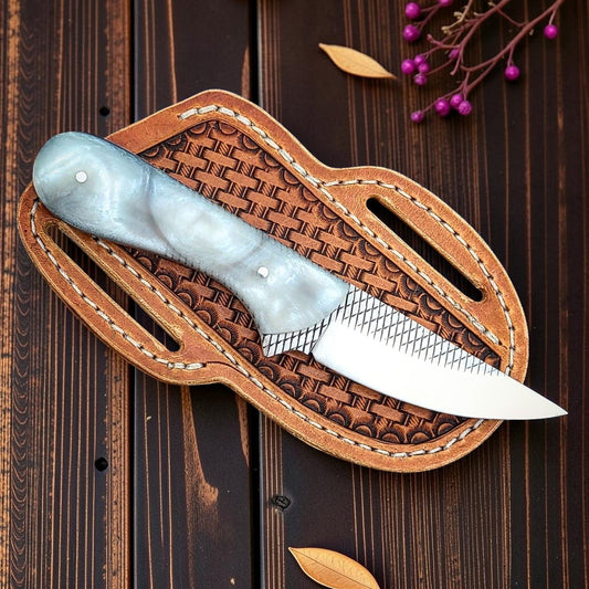 Frontier Cowboy Gear The Silver Spur – Custom Handmade Farrier Rasp Steel Knife with Pearl Resin Handle & Leather Sheath