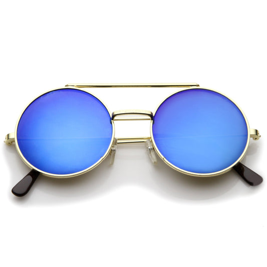 zeroUV Retro Round Steampunk Mirrored Lens Flip Up Sunglasses 8966