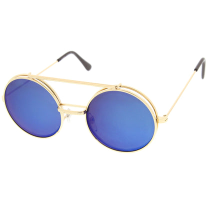 zeroUV Retro Round Steampunk Mirrored Lens Flip Up Sunglasses 8966