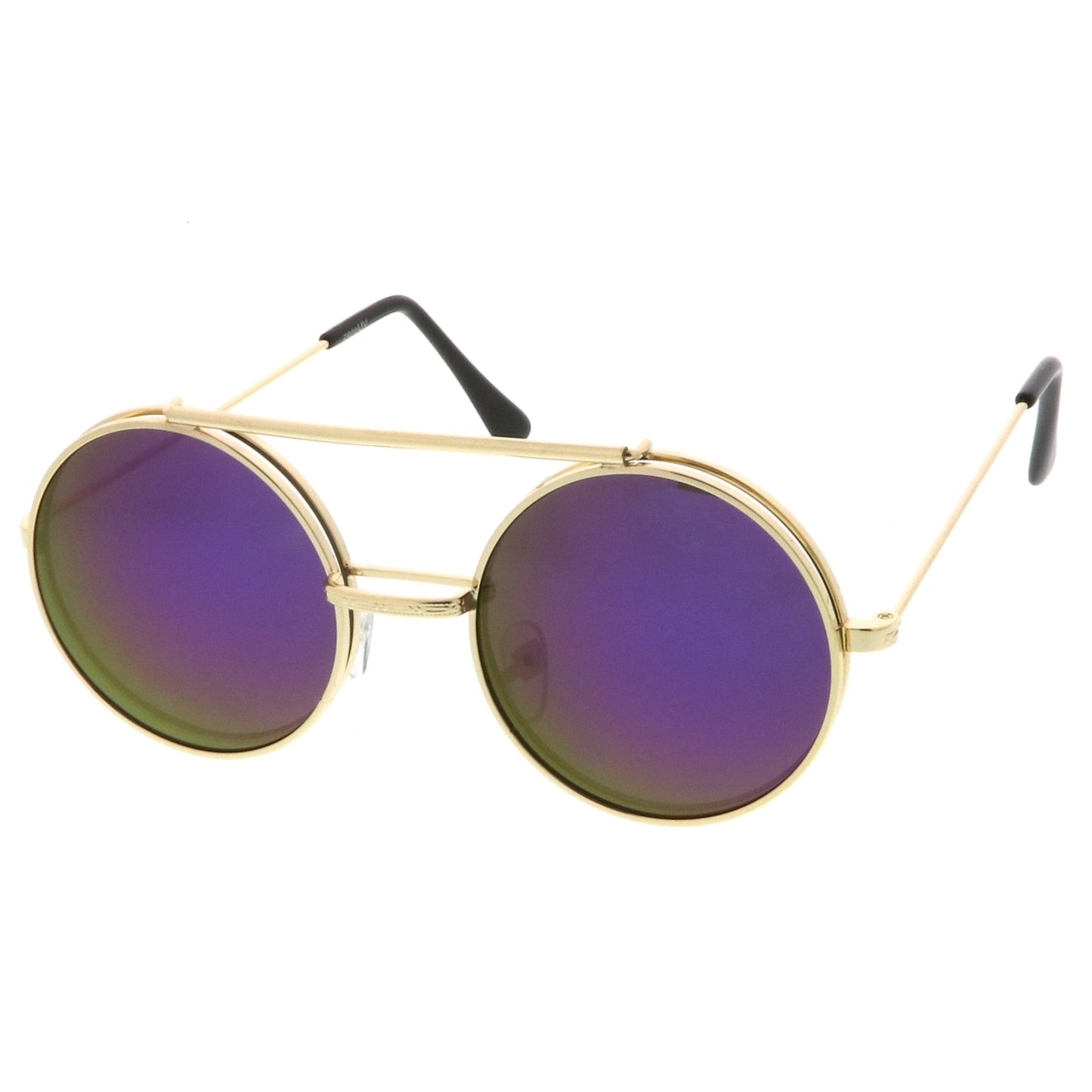 zeroUV Retro Round Steampunk Mirrored Lens Flip Up Sunglasses 8966
