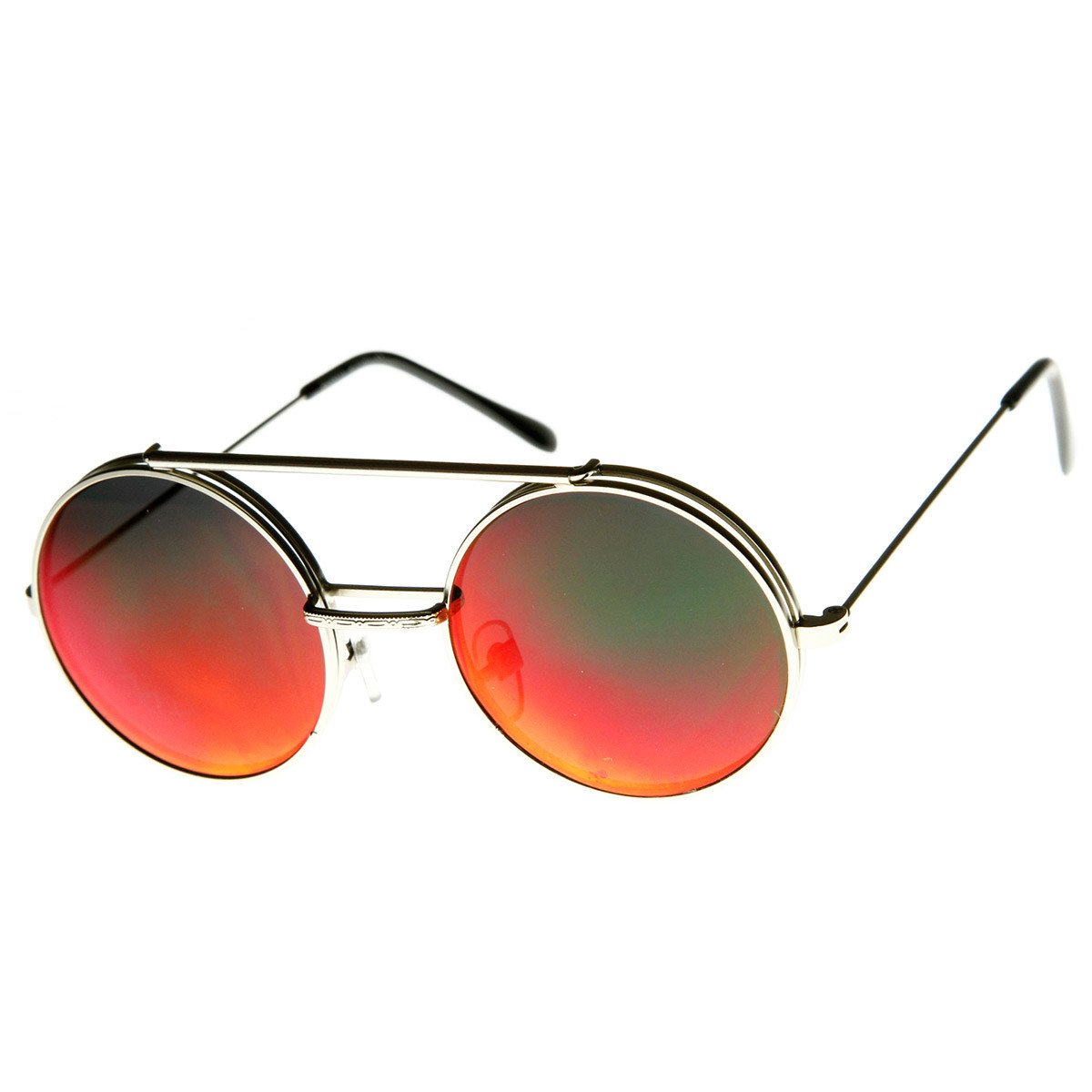 zeroUV Retro Round Steampunk Mirrored Lens Flip Up Sunglasses 8966