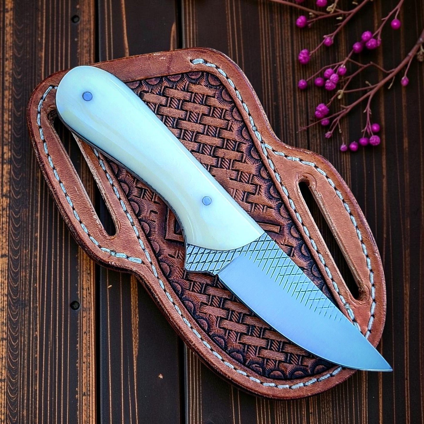 Frontier Cowboy Gear The Calamity Jane – Custom Handmade Farrier Rasp Steel Knife with Bone Handle & Leather Sheath