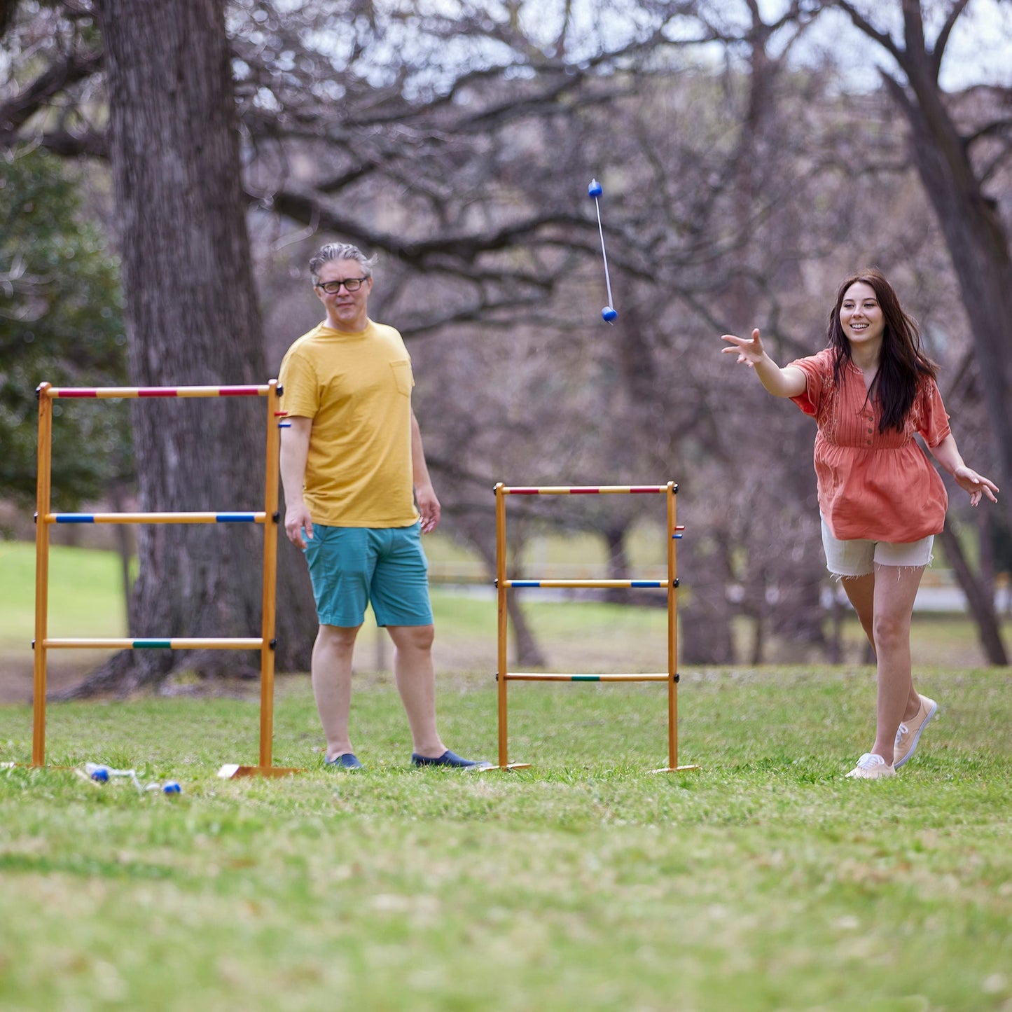 Yard Games Backyard Outdoor Wooden Double Ladder Toss Game Set w/ Case, Red/Blue