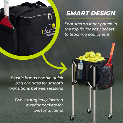 Racket Pets Ball Tote - Black Replacement Bag for Tennis and Pickleball Pro Teaching Cart