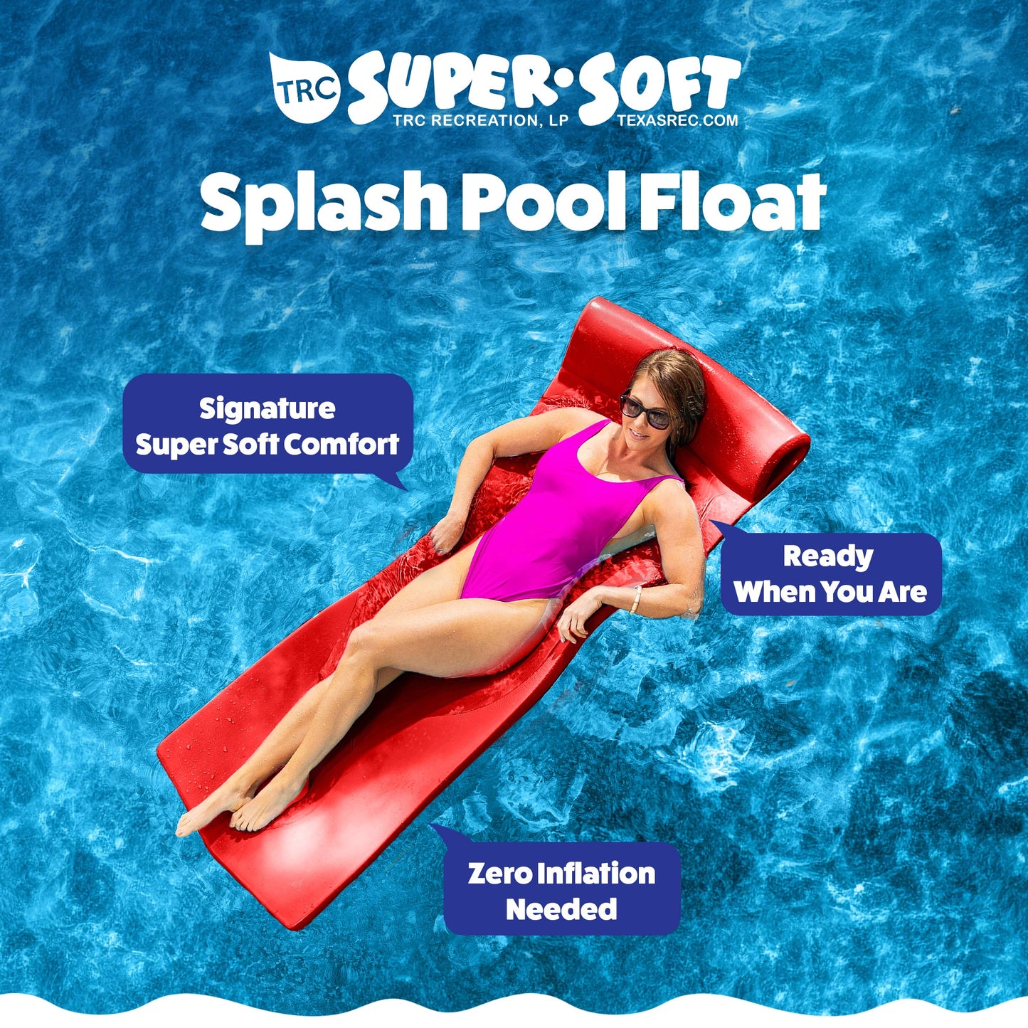 TRC Recreation Splash 1.25" Thick Foam Swimming Pool Float Lounger Mat, Red