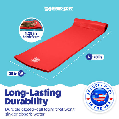 TRC Recreation Splash 1.25" Thick Foam Swimming Pool Float Lounger Mat, Red