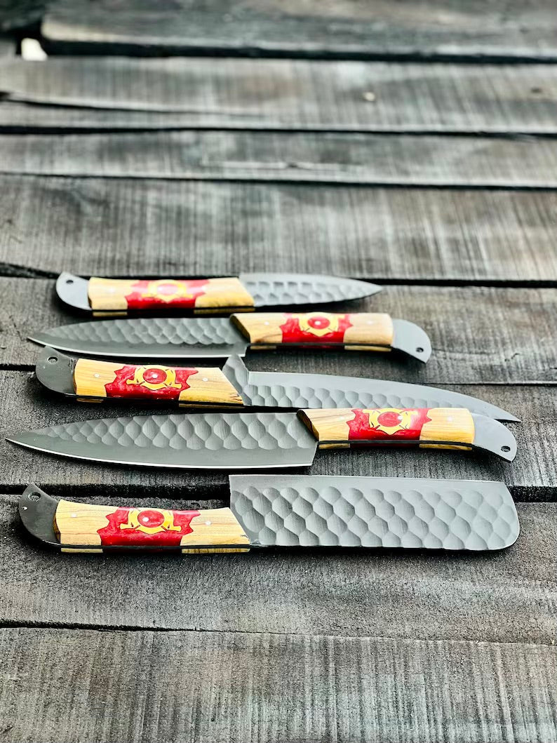 Texan Knives Stainless Steel Knife Set – 13" Forged Blades with Olivewood & Epoxy Resin Handles + Leather Sheath