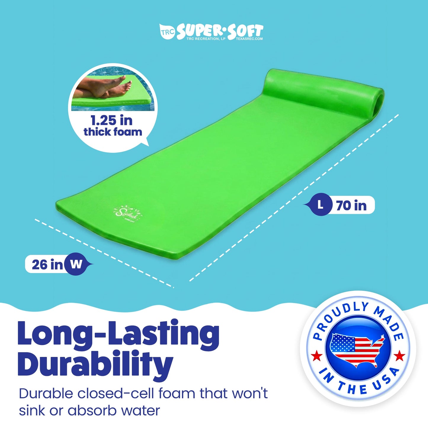 TRC Recreation Splash 1.25" Thick Foam Swimming Pool Float Mat, Fierce Green