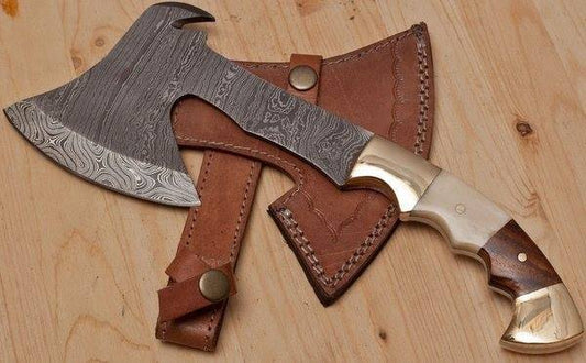 KBS Knives "Full Tang Damascus Steel Handmade Custom Viking EDC Tomahawk Axe with Rosewood, Bone and Brass Bolsters Handle - By KBS Knives Store"